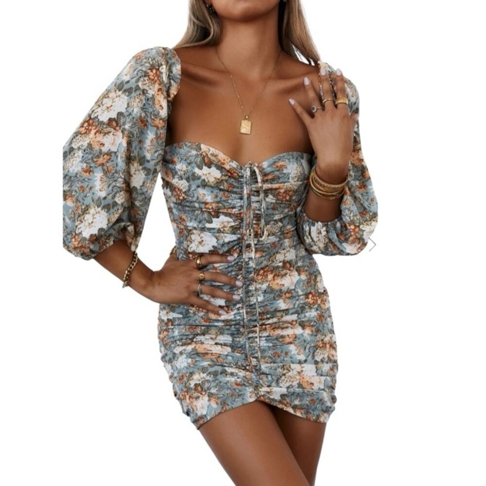 Hello Molly Basque Country Long Sleeve Ruched Mini Dress Floral Sage M NWT Event